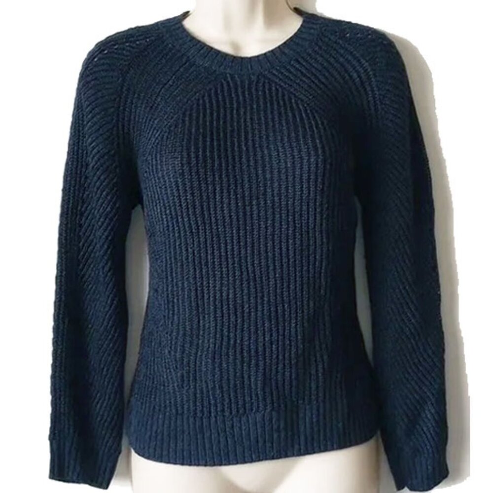 LRL Linen Viscose Rib Knit Crew Neck Long Sleeve Sweater MP Navy